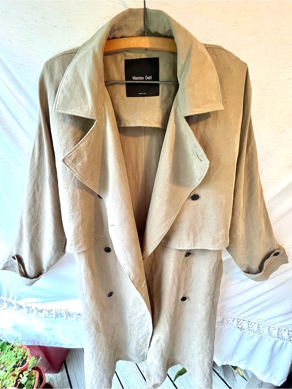 Massimo Dutti Linen Blend Trench Coat Notched Lapel Collar w Belt Detail Large - Picture 12 of 15
